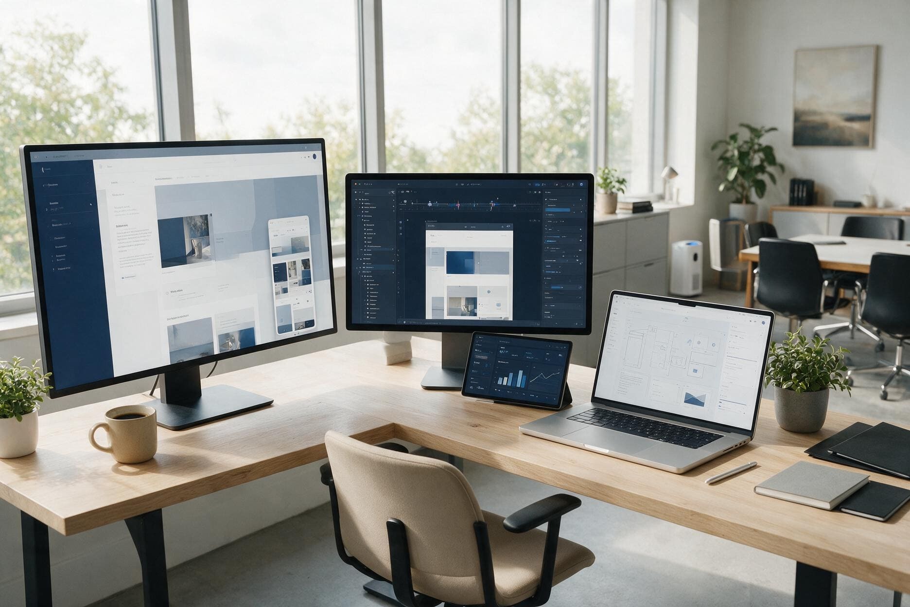 A desk with multiple monitors open.
