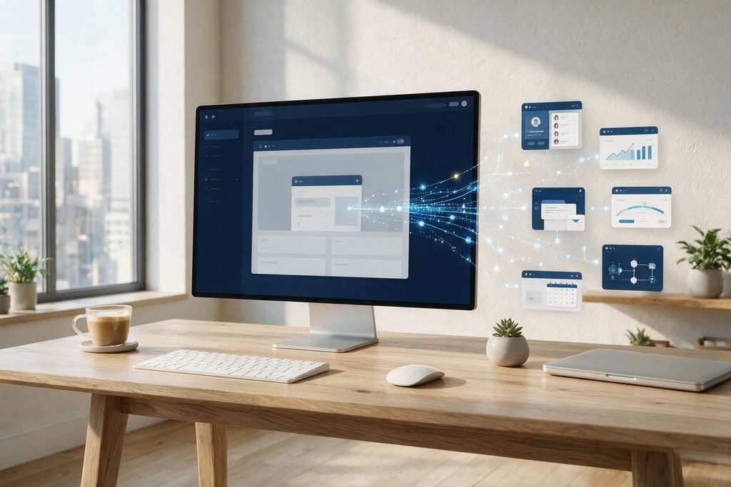 A computer on a desk showing website design.